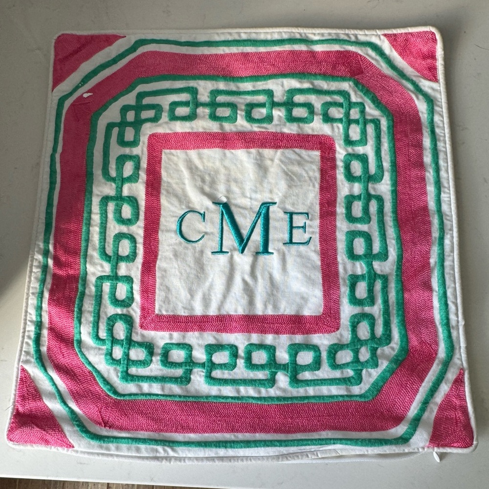 Pottery Barn Teen Monogrammed Pink and Green Decorative pillow cover AND insert